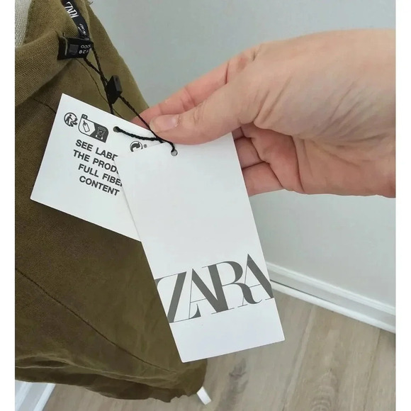 Zara Linen Cotton Blend Slit Faux Button Olive Green Straight Midi Long Skirt M - Picture 12 of 13